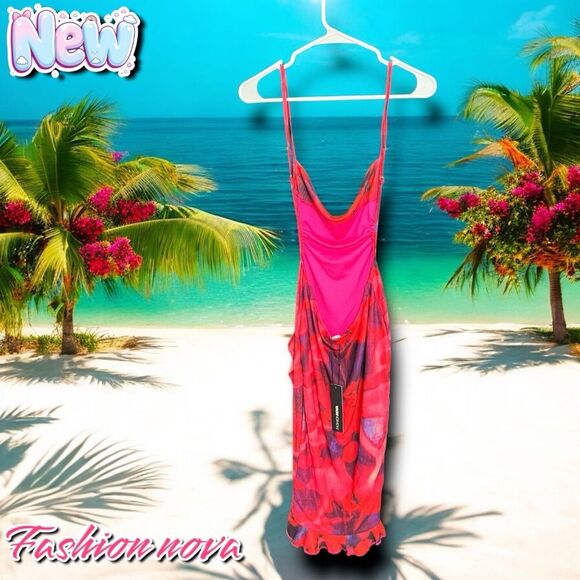 New NWT Fashion nova She's Electric Ruffle Mini Dress - Pink/ combo - Small - Picture 7 of 7